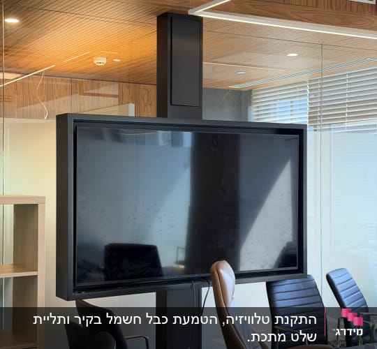 חדר ישיבות עם מסך טלוויזיה גדול ושולחן ישיבות